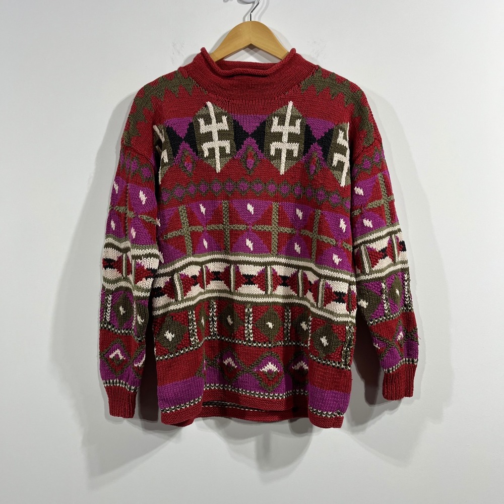 VTG Segrets Folk Roll Neck Hand Knitted Chunky Sweater Womens Large Cottagecore